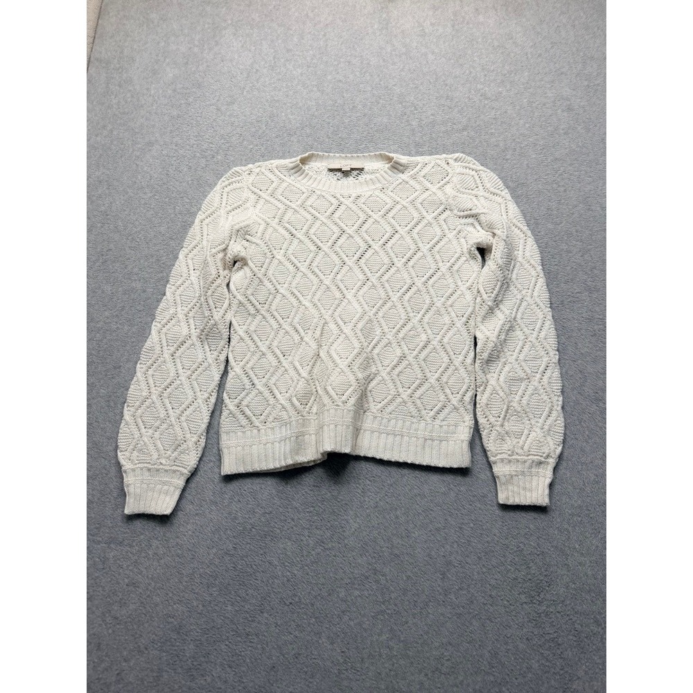 Loft Womens Cream White Diamond Cable Knit Pointelle Crew Neck Sweater Size M